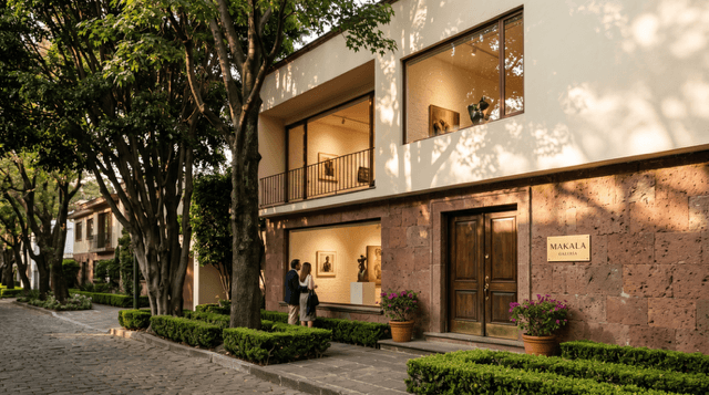 Exterior view of Makala Gallery on a tree-lined street in Mexico City.