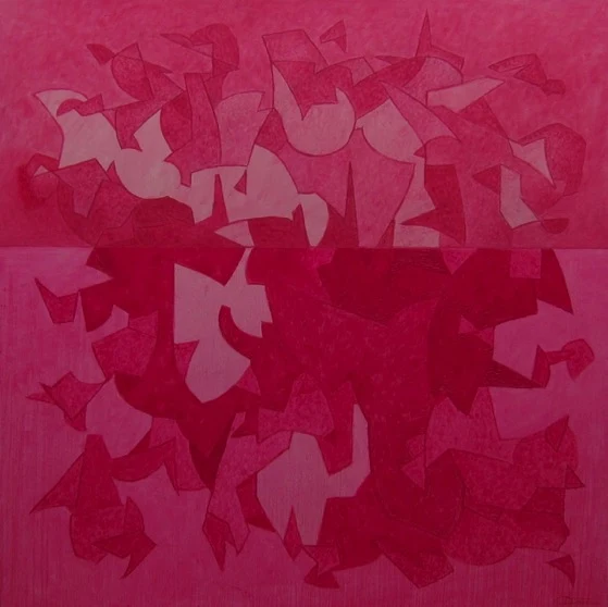 Untitled work by Diego Cortina — a magenta field divided into two bands, filled with pale, angular fragmented figures suspended like drifting forms.