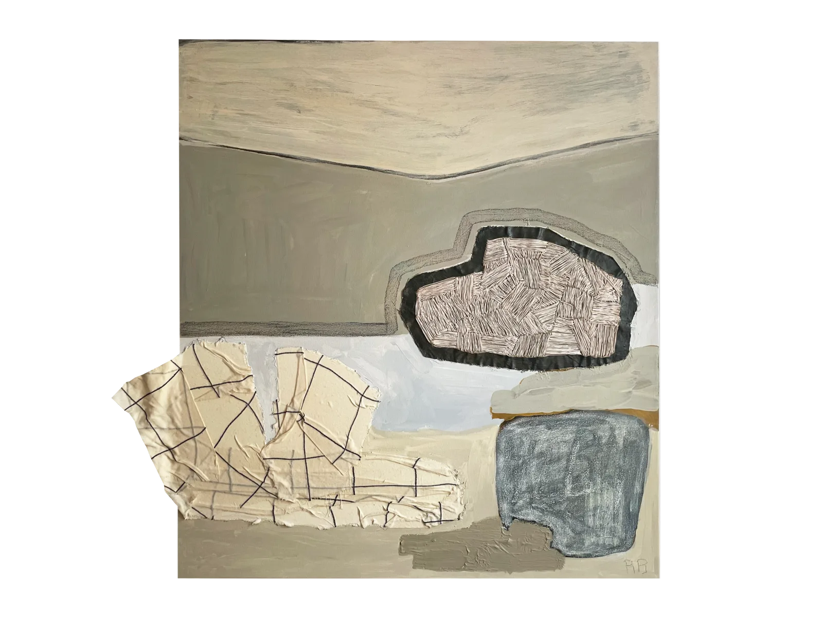Camino Lento by Raquel Barrios, a muted grey and cream mixed-media abstraction with stitched fabric collage, embroidered forms, and layered oil-stick textures.