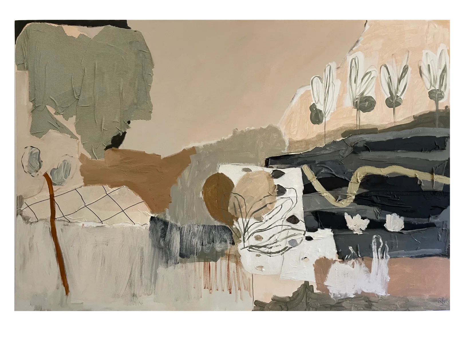 Naturaleza Recobrada by Raquel Barrios, an earthy pink, olive, and charcoal mixed-media landscape with collaged fabric, stylized flowers, and textured passages.