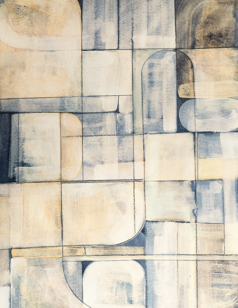 Blueprint I by Sofia Barroso, a blue and cream cyanotype of overlapping geometric forms on paper.
