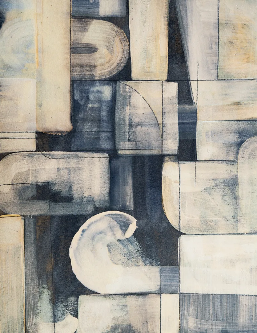 Blueprint II by Sofia Barroso, a deep navy and cream cyanotype with a spiralling curved form among stacked rectangles.