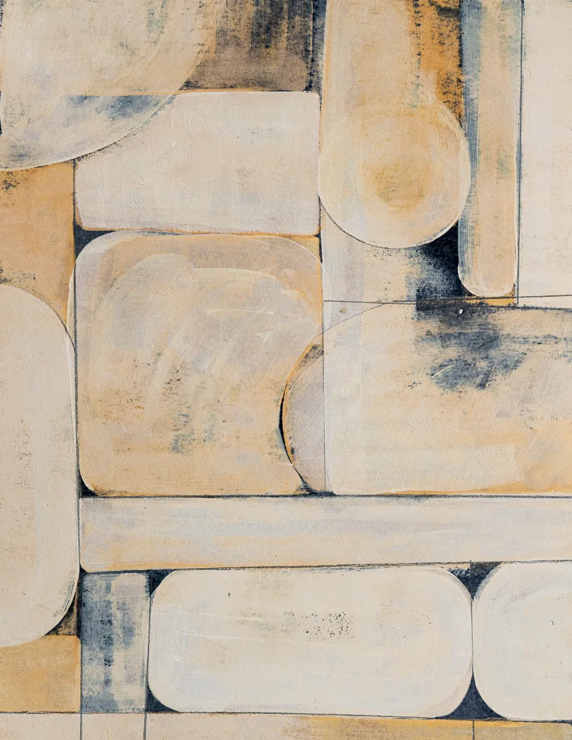 Blueprint III by Sofia Barroso, a warm ochre and cream cyanotype of rounded, capsule-like forms on paper.