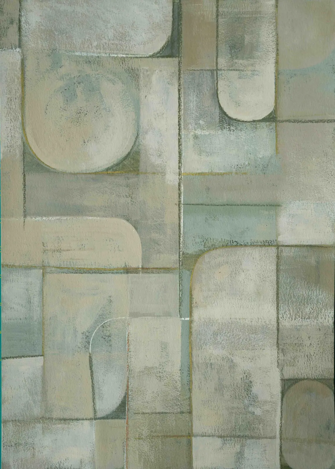 Meditation I by Sofia Barroso, a muted sage-green and cream geometric abstraction of interlocking rounded rectangles on raw linen.