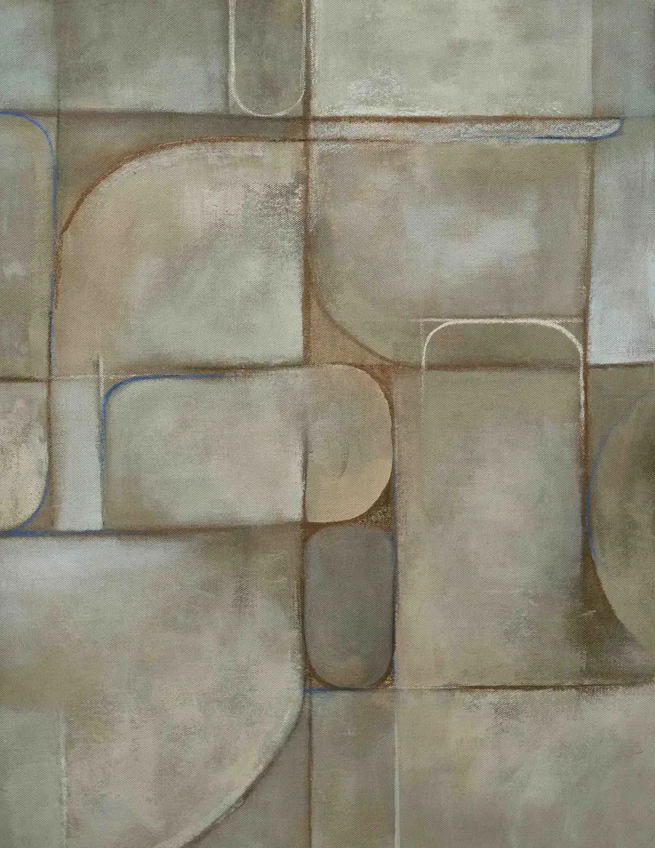 Meditation III by Sofia Barroso, a warm taupe and grey-green geometric abstraction of curved and angular interlocking forms.