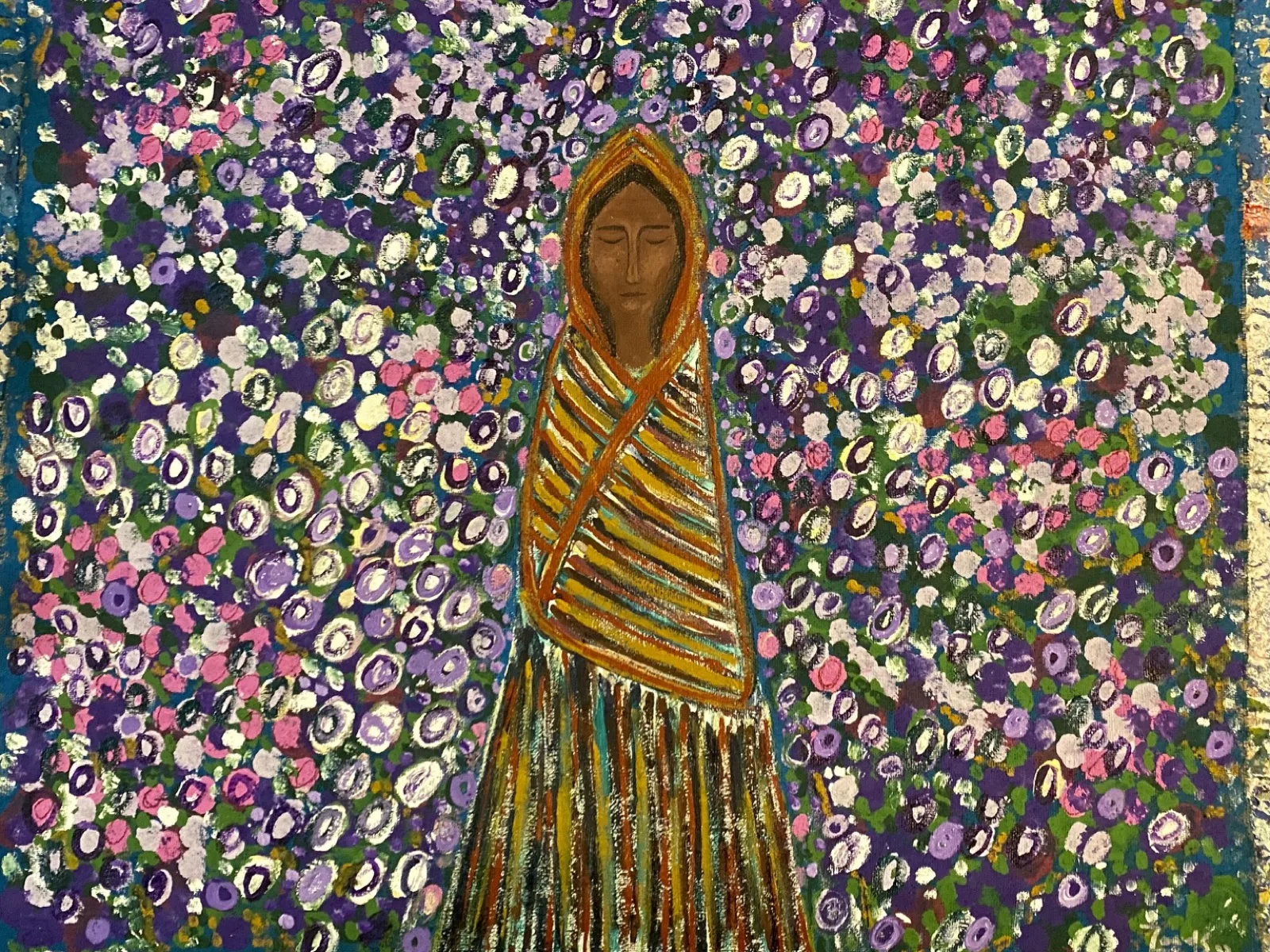 Acrylic painting on jute of a calm mantled figure with closed eyes before a dense violet and pink floral background.