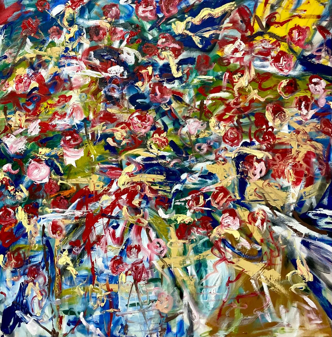 Expressive floral abstract painting by Verónica Villarreal Sada with red, blue, green, and yellow gestural marks.