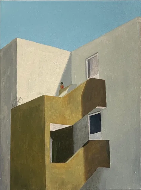 Painting of an angular ochre and cream facade with strong shadows against a clear sky.